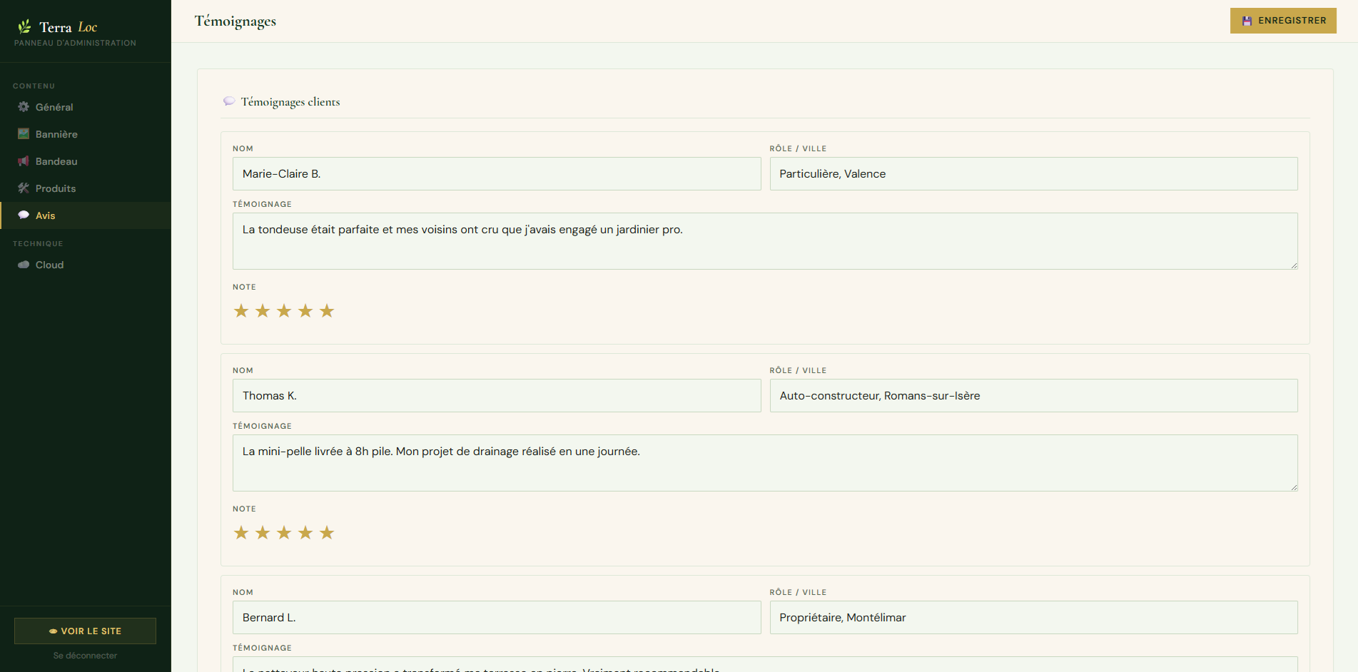 Gestion des avis dans l'admin